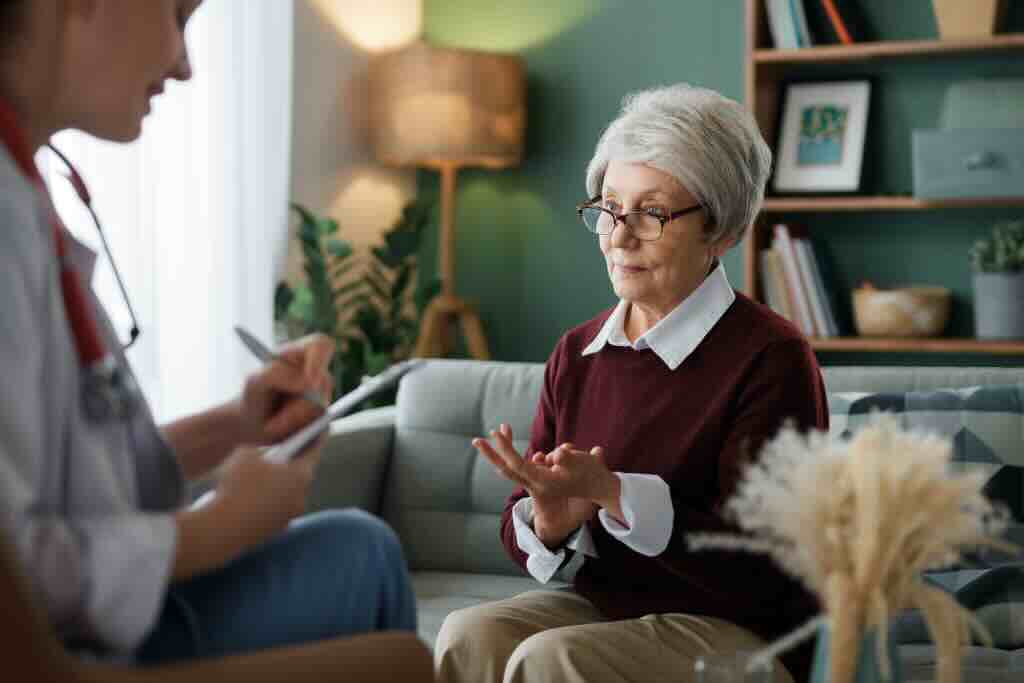 Evoke Health blog image with nurse talking to an elderly woman